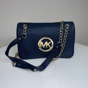 Michael Kors Dark Blue Crossbody Bag with Gold Accents